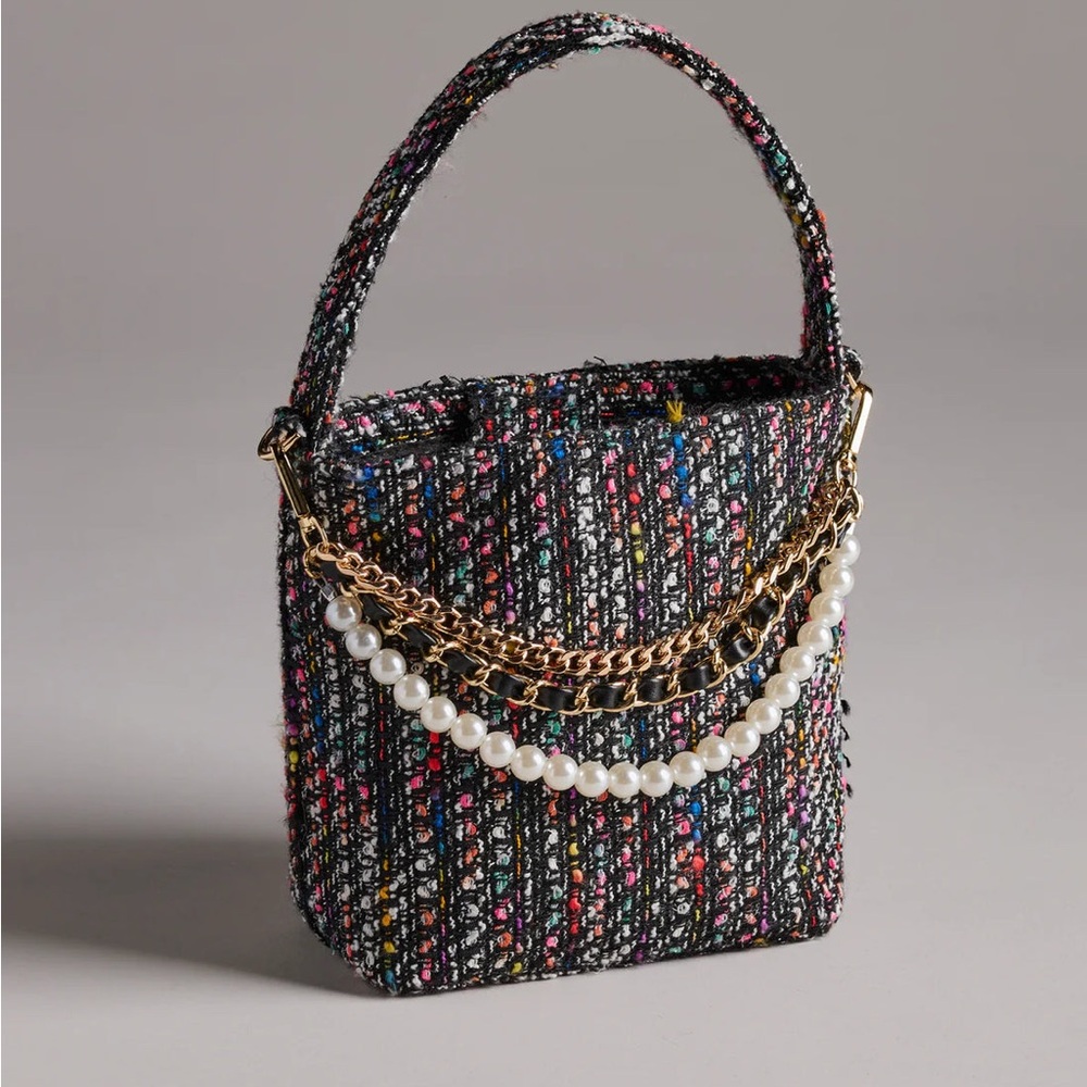Shiraleah Black Tweed Mini Bucket Bag with Multicolor Flecks & Pearl Chain